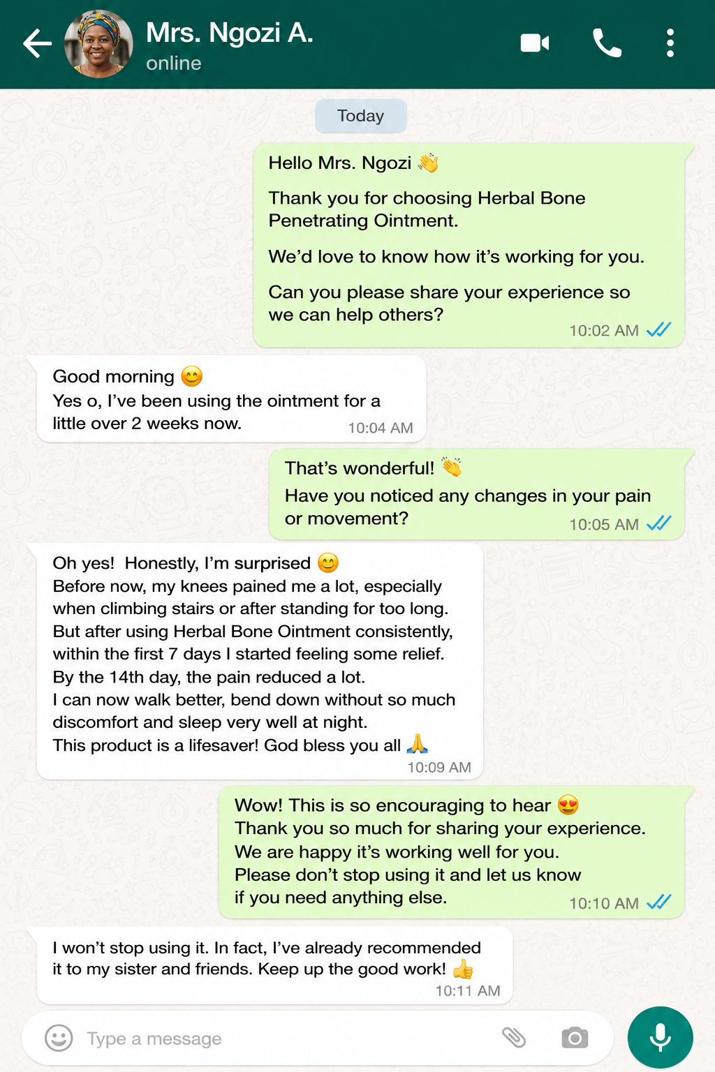 WhatsApp message from customer Mr. Chinedu E. sharing his results